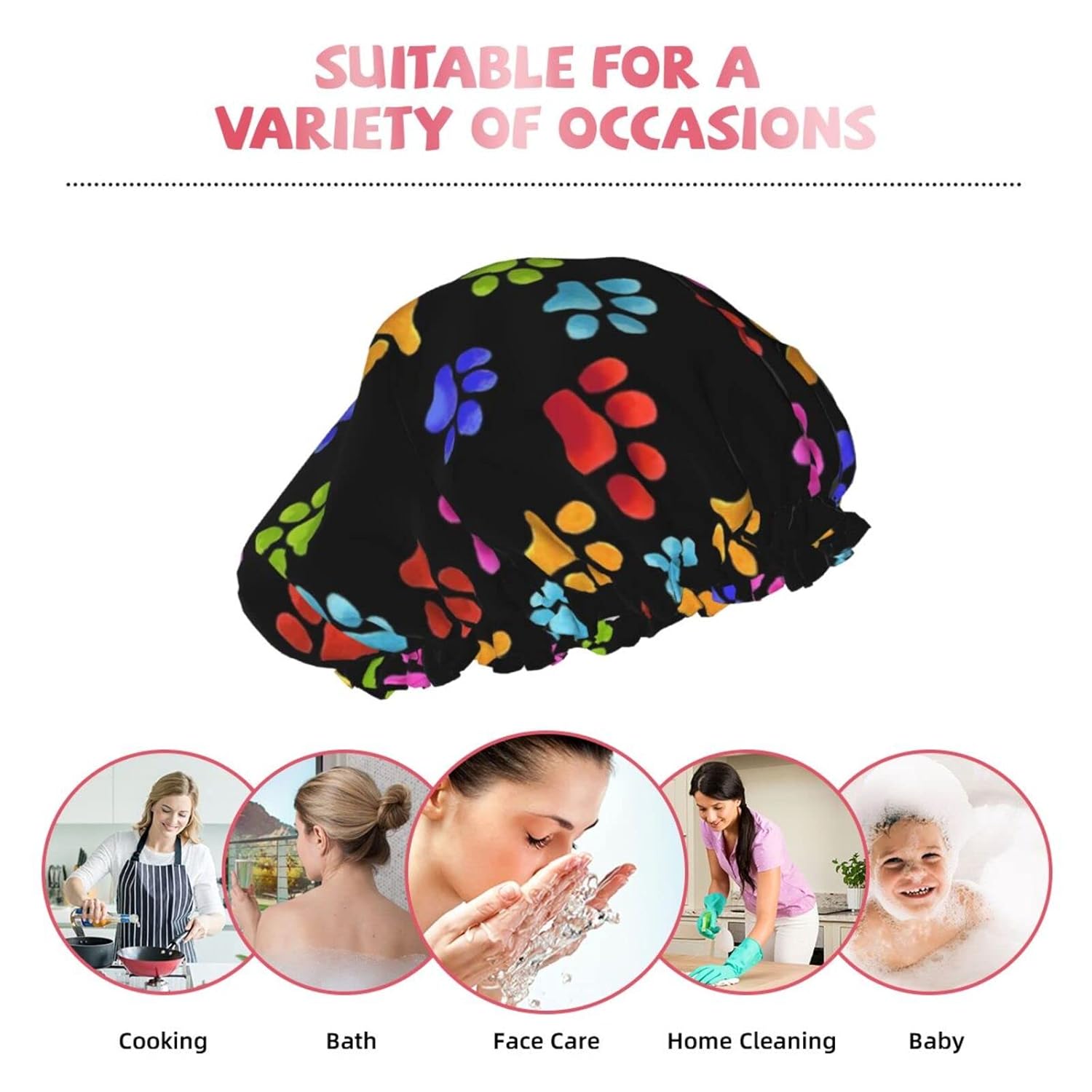 Gorro de ducha reutilizable con estampado de patas de perro para mujer, pelo largo, doble capa impermeable, gorro de ducha para niños, niñas y