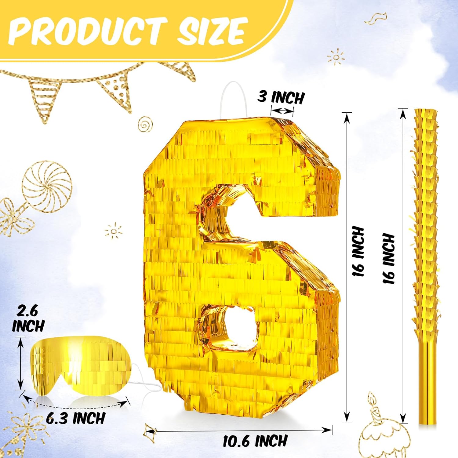 Piñata de número de lámina dorada de 16 x 11 x 3 pulgadas, piñata pequeña con palo de 15.7 pulgadas, confeti dorado para niños, niñas, decoraciones