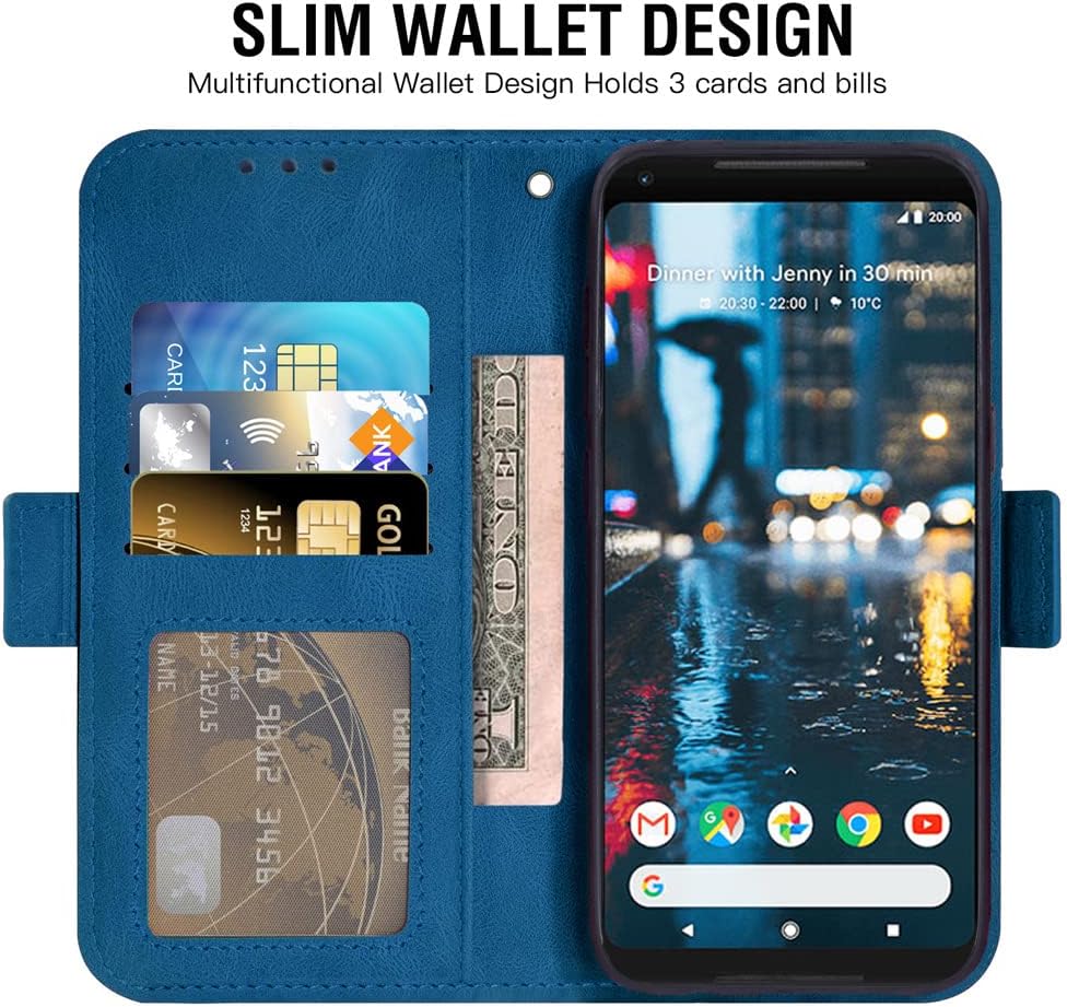 Asuwish Compatible con Google Pixel 2XL – Funda tipo cartera y protector de pantalla de vidrio templado, soporte de cuero con tapa para tarjetas,