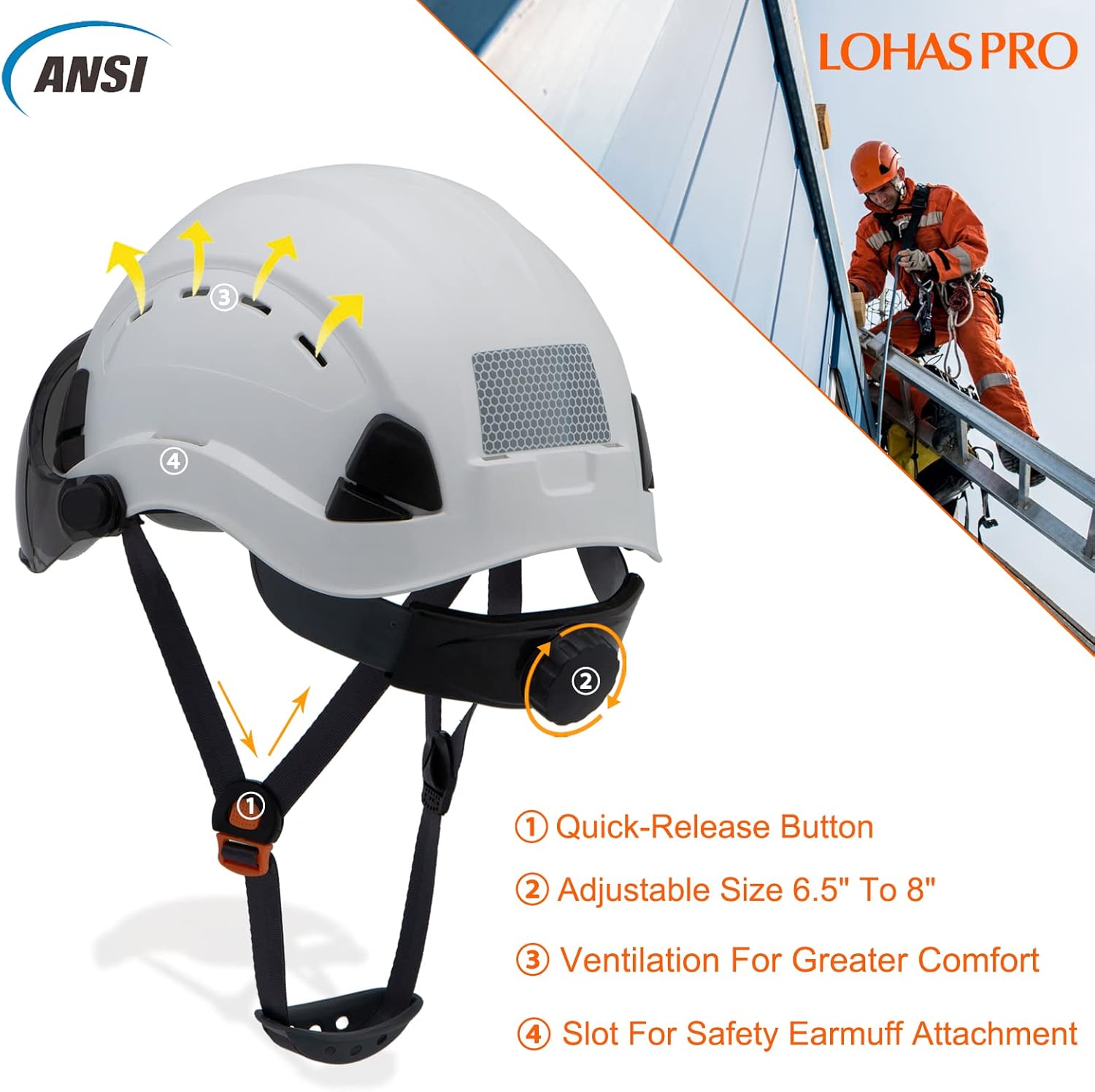 LOHASPRO Casco de seguridad OSHA con visera aprobado por ANSI Z89.1, para hombres y mujeres, adultos, ventilado, arborista, rescate, escalada,