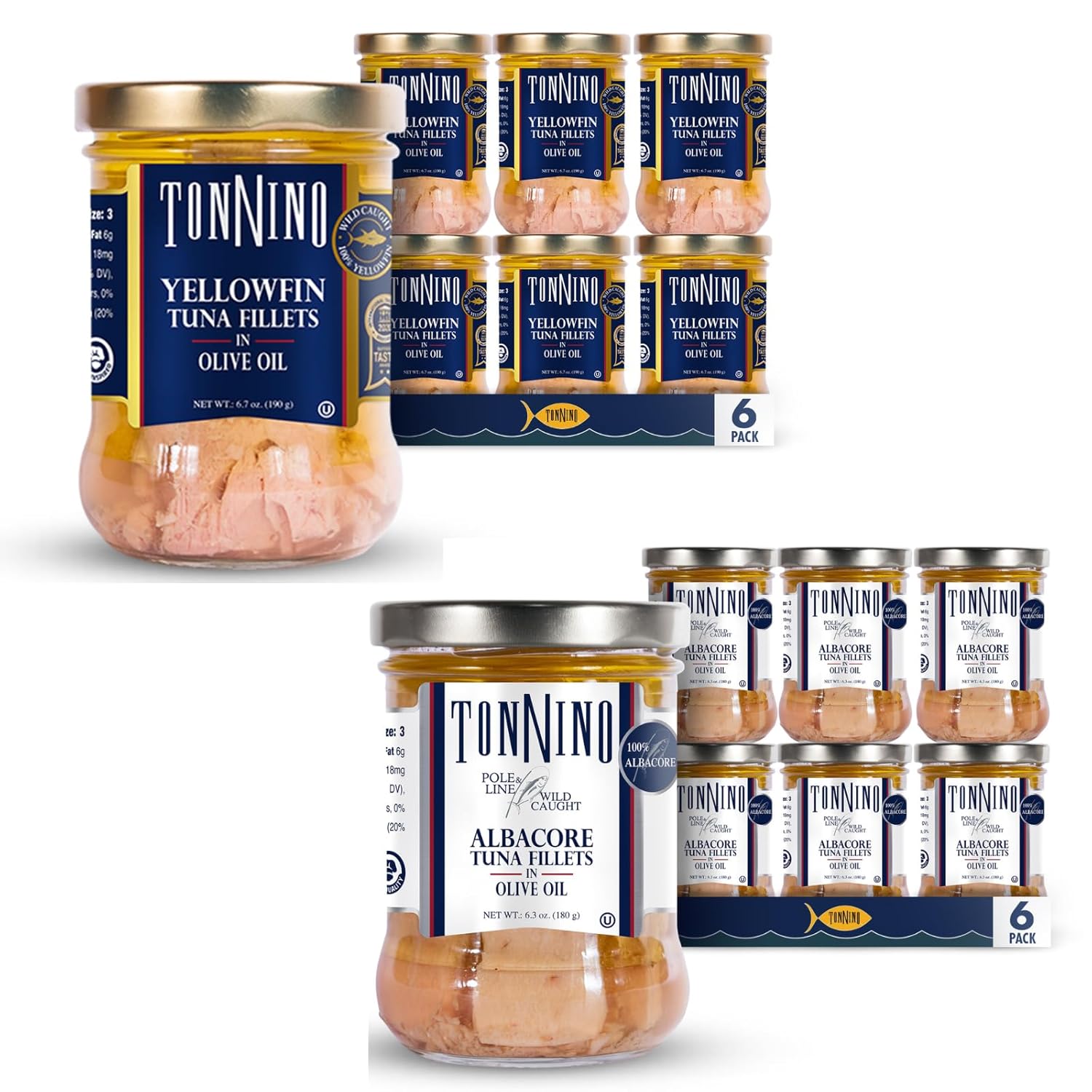 Tonnino Paquete de atún aleta amarilla y albacoa aleta amarilla baja en calorías, sin gluten en aceite de oliva, 6.7 oz (paquete de 6) y palo y