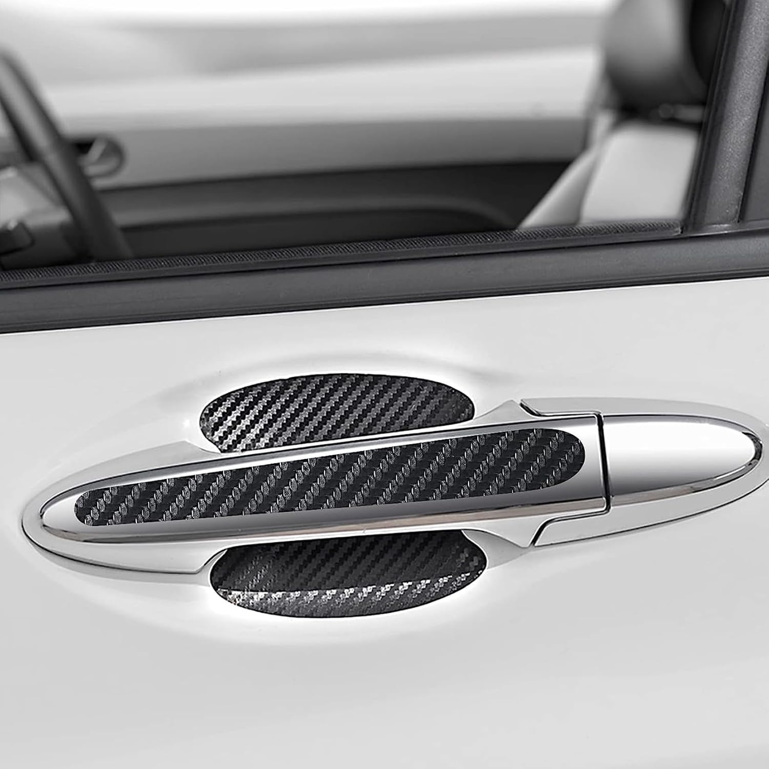 4 calcomanías para manija de puerta de automóvil, 3.3 x 3.4 pulgadas, textura de fibra de carbono, antiarañazos, impermeable, sin rastros, protector