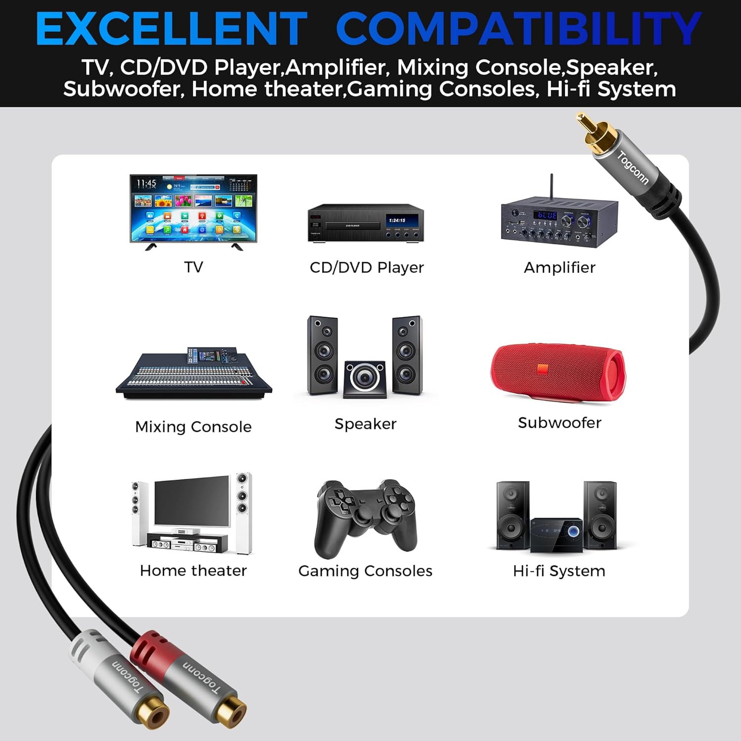Cable divisor RCA Y-RCA, 1 RCA macho a 2 RCA hembra altavoz de audio adaptador Y, cable divisor de audio RCA corto para audio de automóvil,