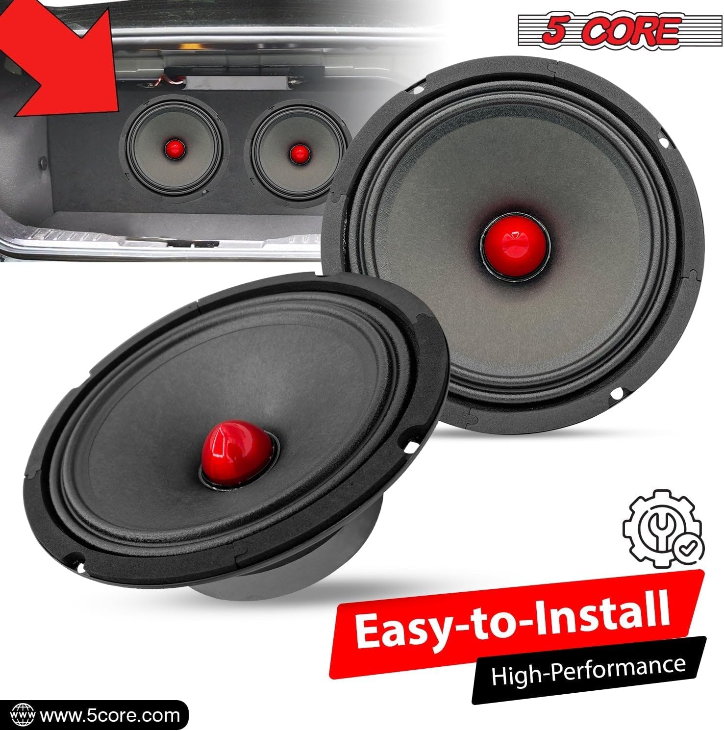 5 CORE 2 altavoces de audio Bullet Pro de rango medio de 8 pulgadas, bala de aluminio roja, 580 W máx. 4 ohmios, altavoces de audio de alta calidad