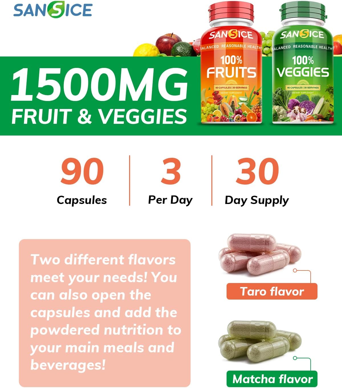 SANSICE Suplemento de frutas y verduras, vitaminas 100% naturales de frutas y verduras, sin soja y sin OMG, suplementos de verduras y frutas para