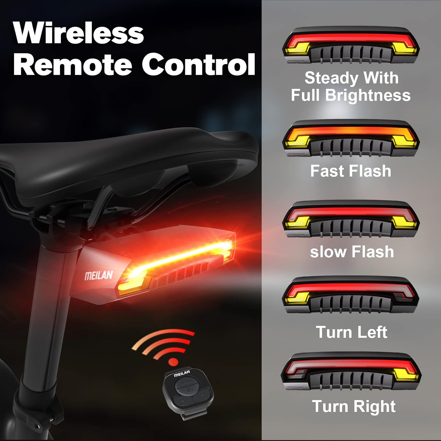 Meilan X5 USB recargable inteligente luz trasera de bicicleta inalámbrica señal de giro luz trasera de bicicleta con control remoto inalámbrico luz