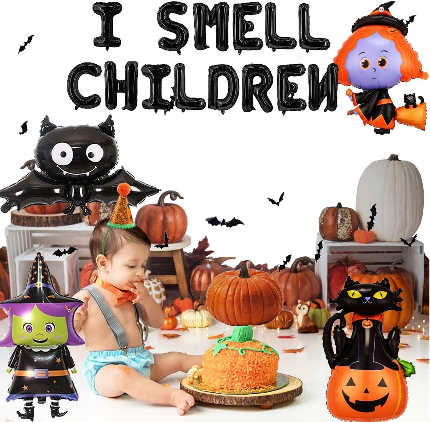 Cartel de globos con texto en inglés “I Smell Children”, decoración de fiesta de bruja de Halloween con I Smell Children Balloons Black Cat Witches