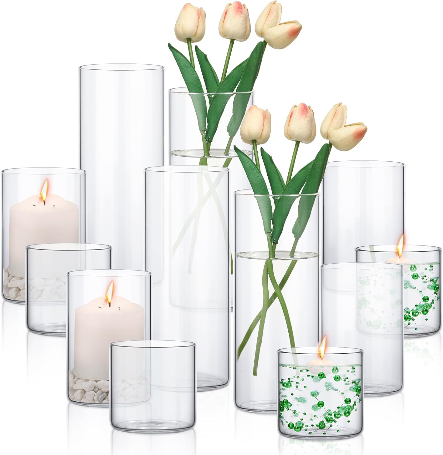 12 piezas de jarrones cilíndricos de vidrio para velas de huracán de 4, 6, 10 pulgadas, jarrones de vidrio flotantes para decoración de jarrones