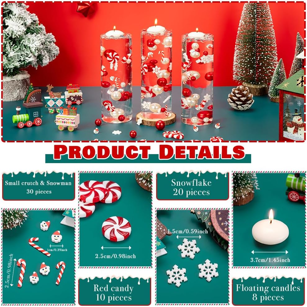 4136 perlas de relleno de jarrón de Navidad para rellenos de jarrones, velas flotantes con 8 velas flotantes, cuentas de geles de agua para Navidad,