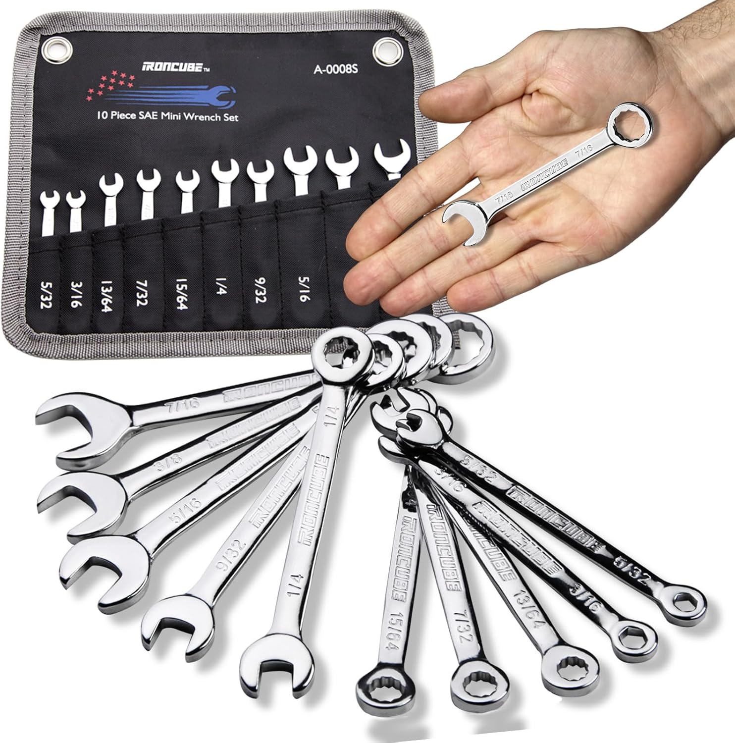 Juego de llaves pequeñas, juego de llaves combinadas enana, 10 piezas, SAE, 532″ – 716″, ligero, con bolsa rodante para tuercas de reparación de
