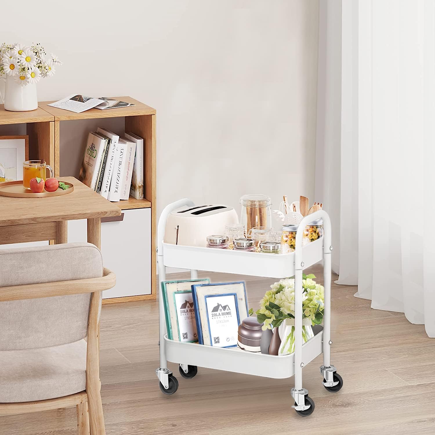 Melody House Carrito de almacenamiento de 2 niveles totalmente metálico, carrito de almacenamiento con asa y ruedas de bloqueo, carrito de cocina,