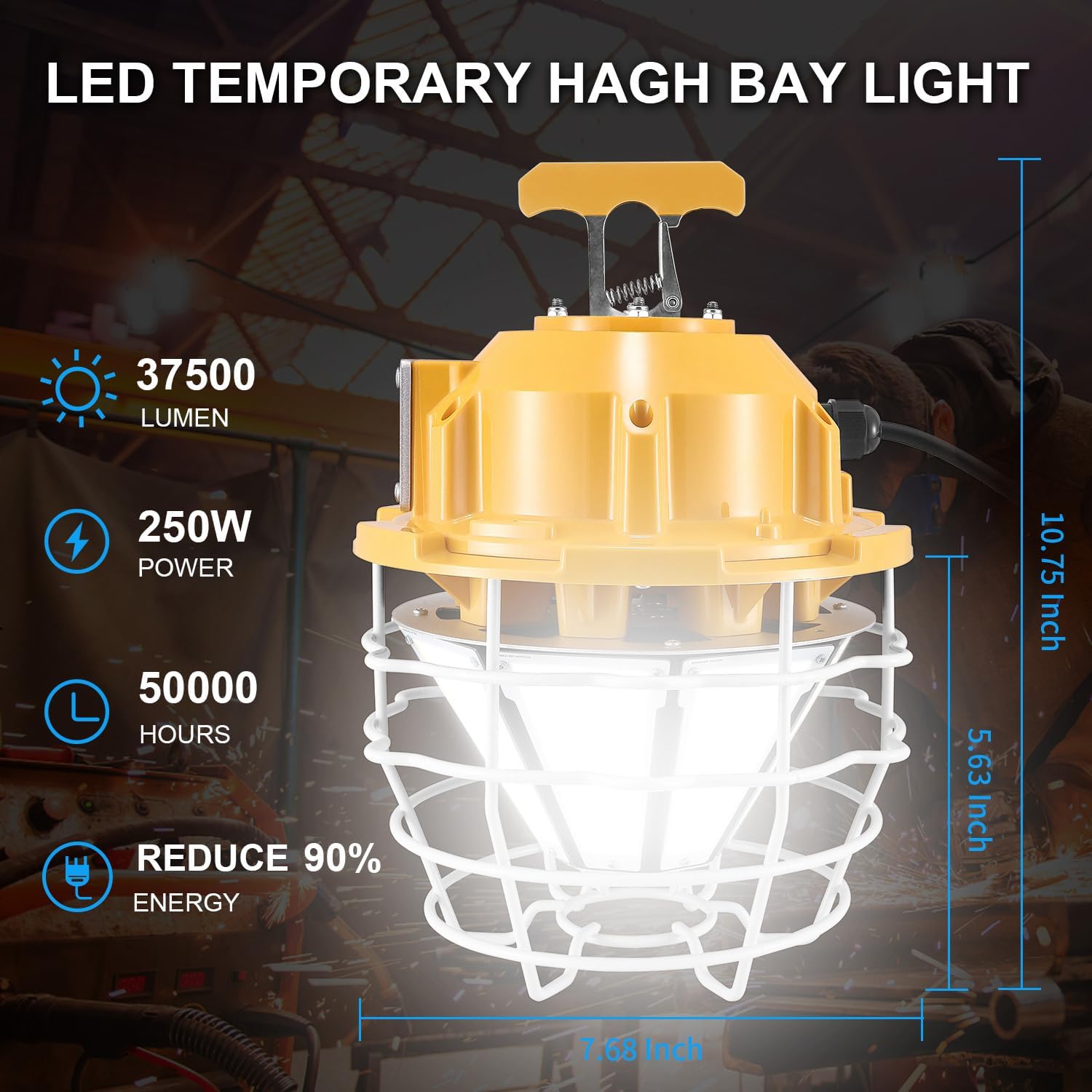 Luz de trabajo temporal 250W 37500LM 5000K Luz de construcción Luz de día blanca, impermeable IP68 colgante para sitio de trabajo Almacén al aire
