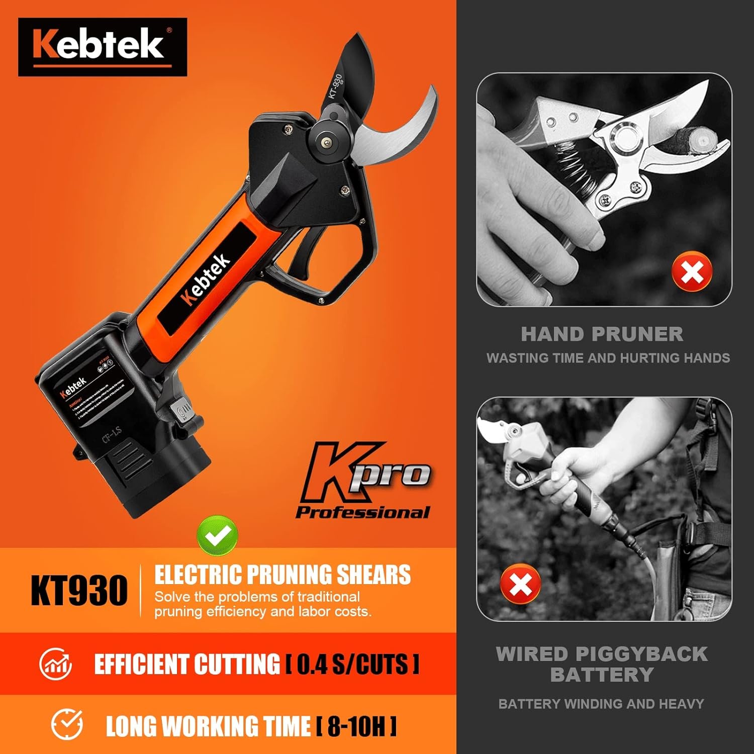 Kebtek Tijeras de podar eléctricas profesionales inalámbricas para jardinería, tijeras de podar a pilas con 2 baterías de 2500 mAh, 5000 cortes,