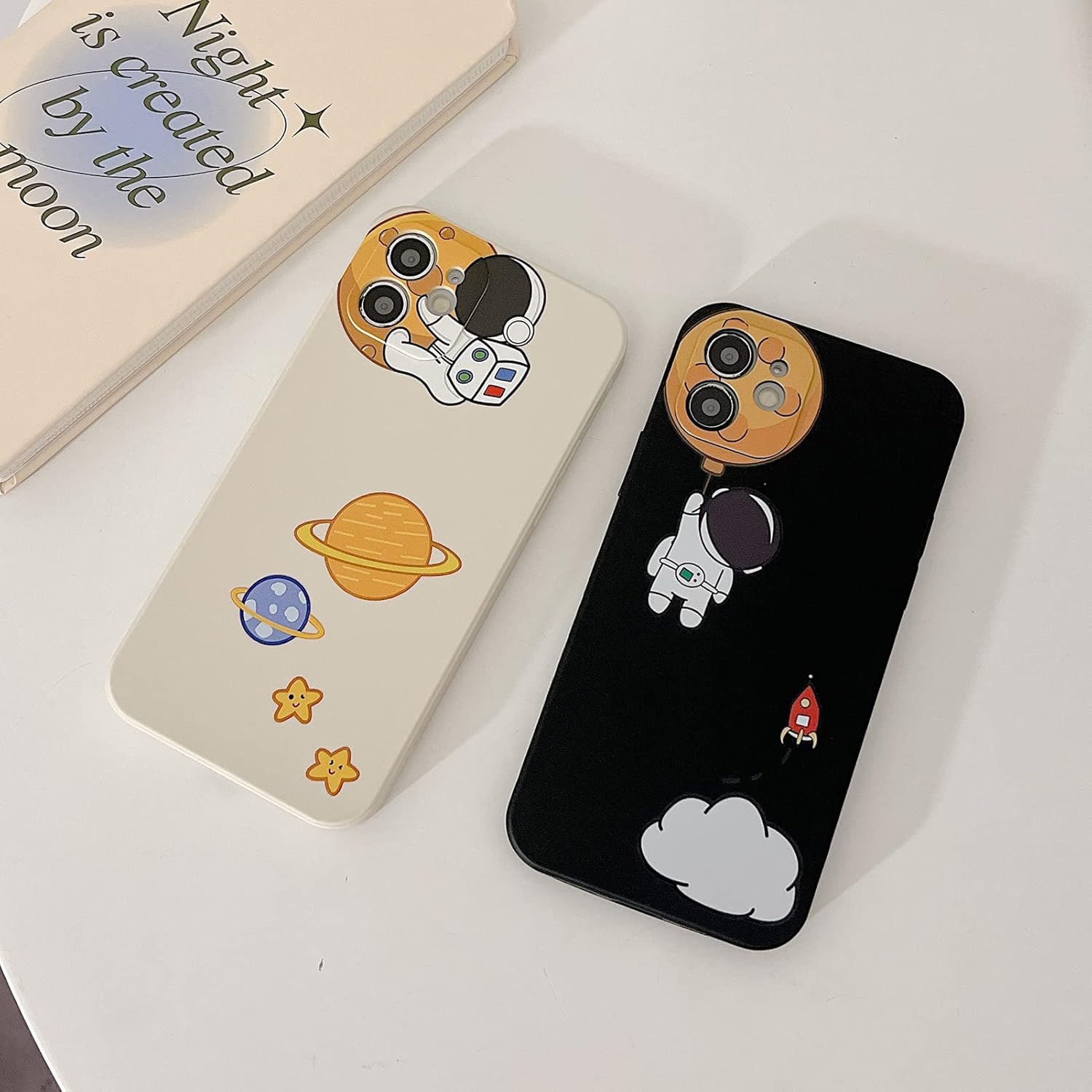 Funda bonita para iPhone 15 Pro, diseño de astronauta de dibujos animados, diseño de planeta espacial, luna, elegante funda protectora de goma TPU a