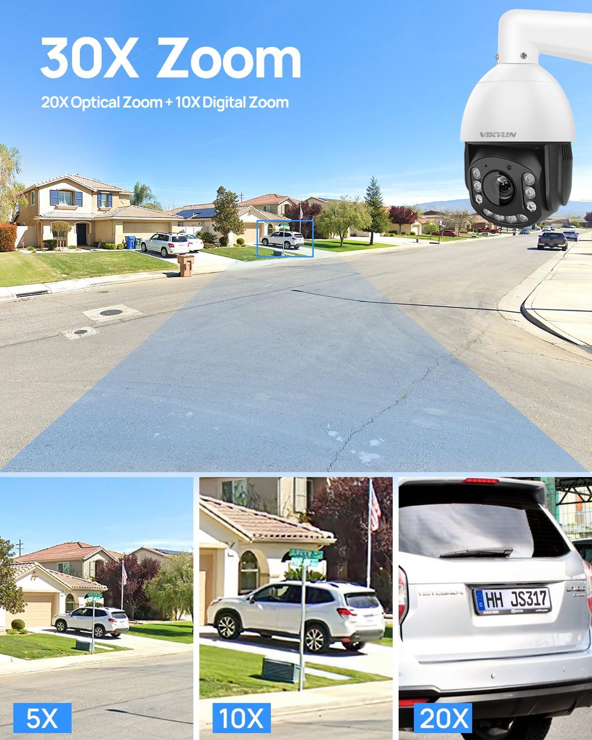 VIKYLIN Cámara IP POE PTZ 4K 8MP para exteriores, zoom óptico de inclinación panorámica de 20x, detección de vehículos humanos, cámara PTZ de