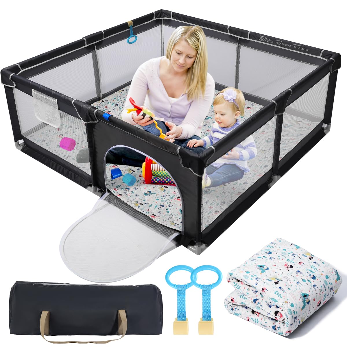 Corralito con tapete suave, corralito seguro para bebés y niños pequeños, patio de juegos fácil de instalar con alfombra, pasador de juego