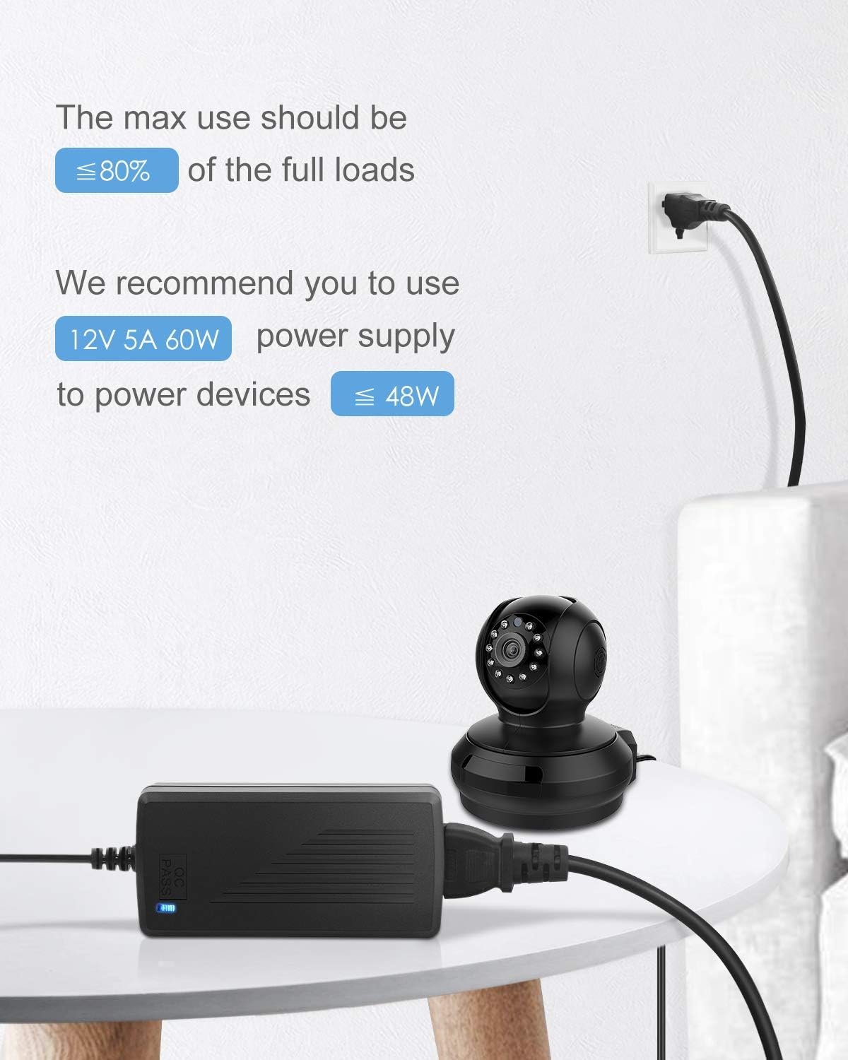 ALITOVE Fuente de alimentación de 12 V 5 A, adaptador de corriente de 12 voltios, 60 W, 100  240 V CA a CC 12 V, convertidor de controlador LED,