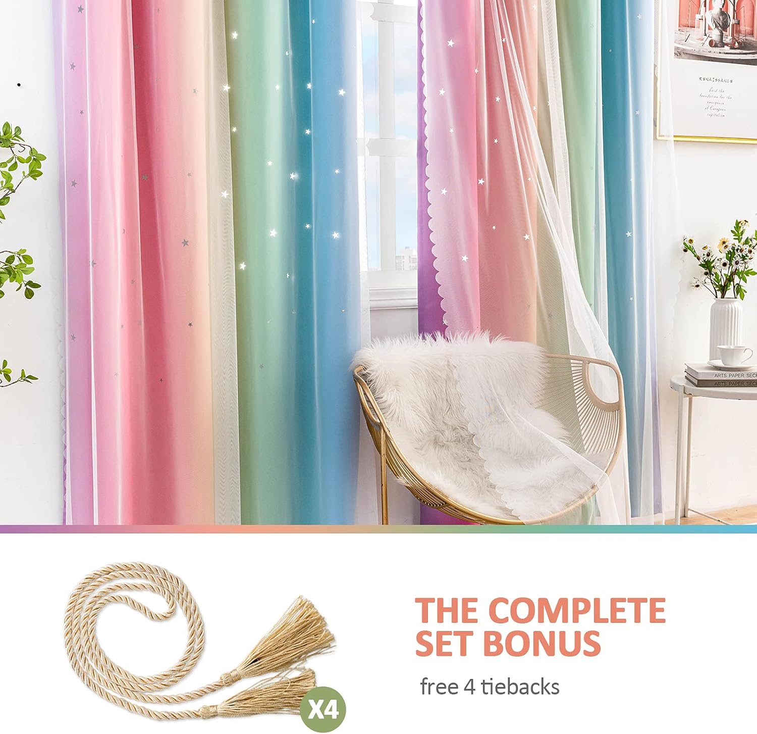 Stiio Cortinas opacas para niños, 2 paneles, con diseño de rayas degradadas con estampado de arco iris, bloqueo de luz, tratamiento de ventana para