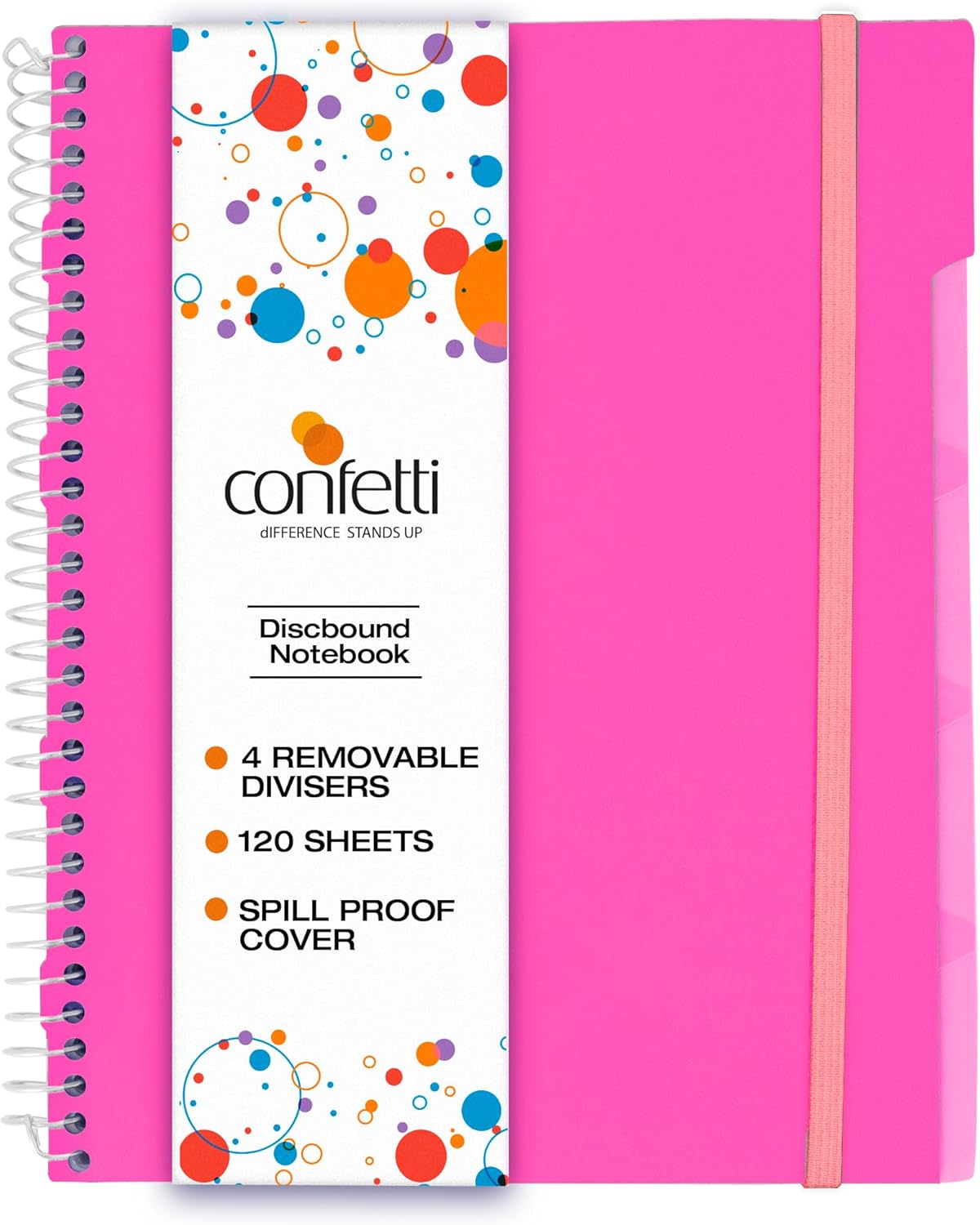 Confetti Cuaderno de espiral perforado con agujeros, 4 divisores extraíbles, cubierta a prueba de derrames, banda elástica de cierre, bolsillo de