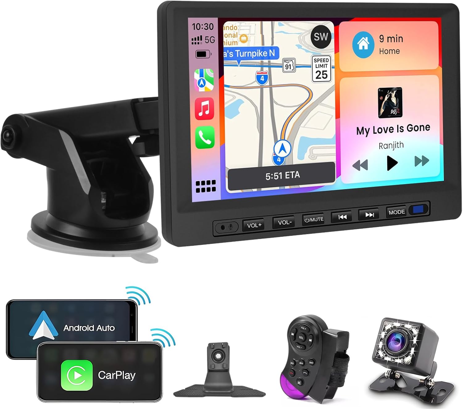 Hikity Estéreo inalámbrico portátil Carplay para automóvil, pantalla táctil HD de 7 pulgadas para automóvil con Android inalámbrico Auto, Mirror
