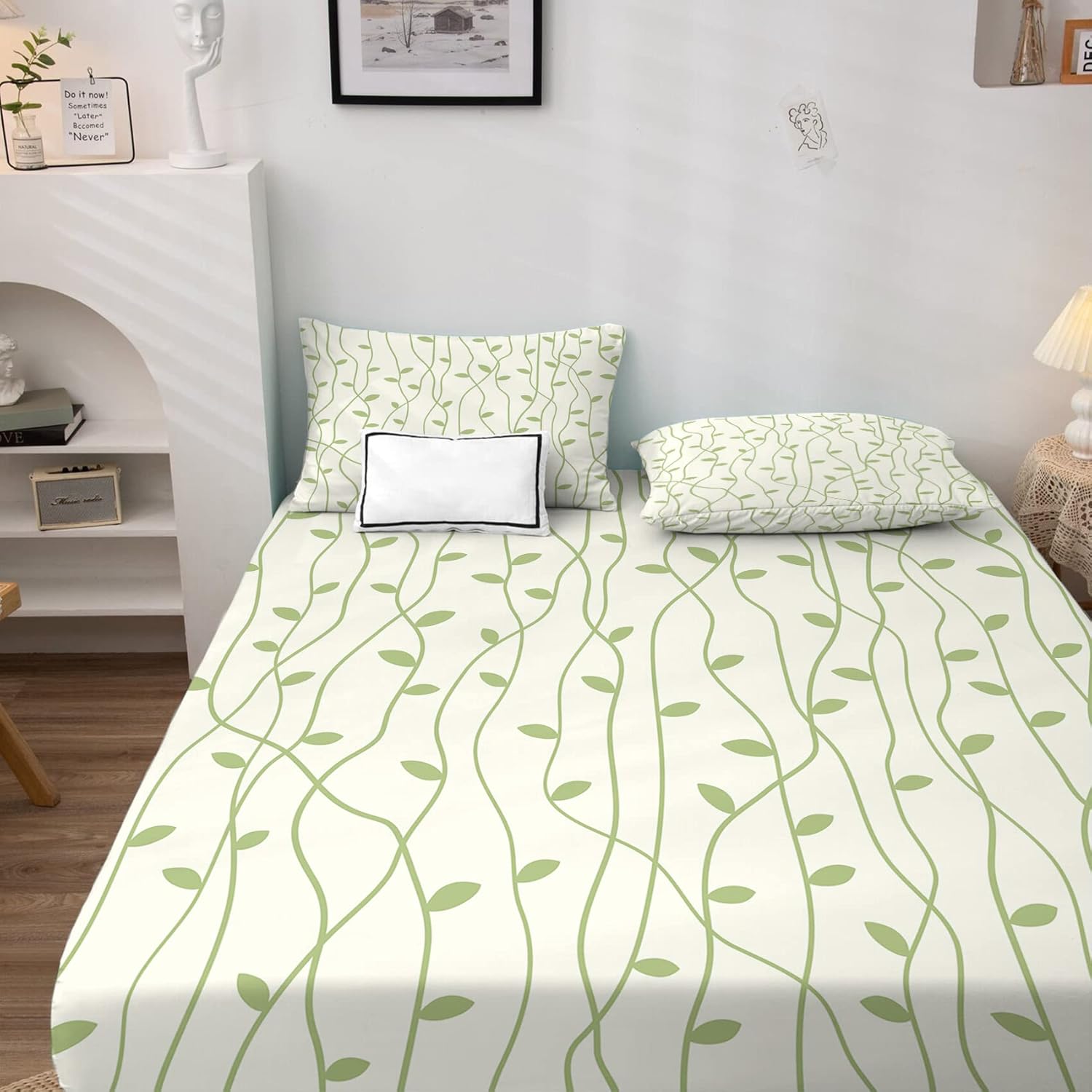 Line Sheets – Juego de sábanas y fundas de almohada estampadas de 4 piezas, sábana bajera ajustable de microfibra suave con bolsillo profundo,
