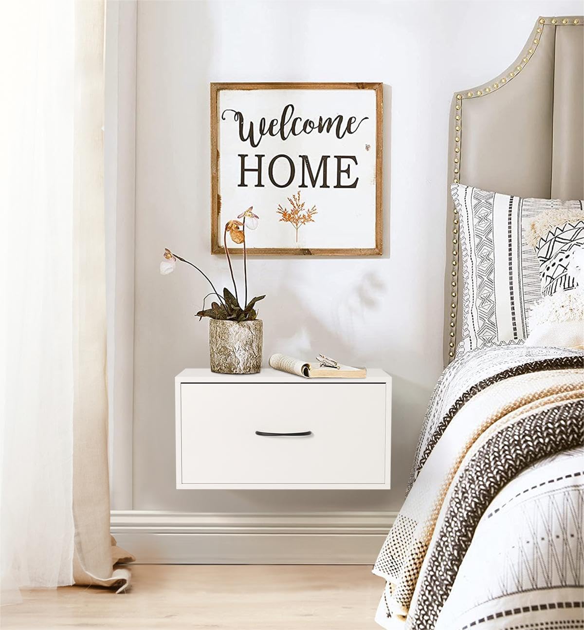 Mesita de noche flotante con cajón, estante de noche montado en la pared, mesa auxiliar de cama blancamesita de noche con cajón, estantes de pared
