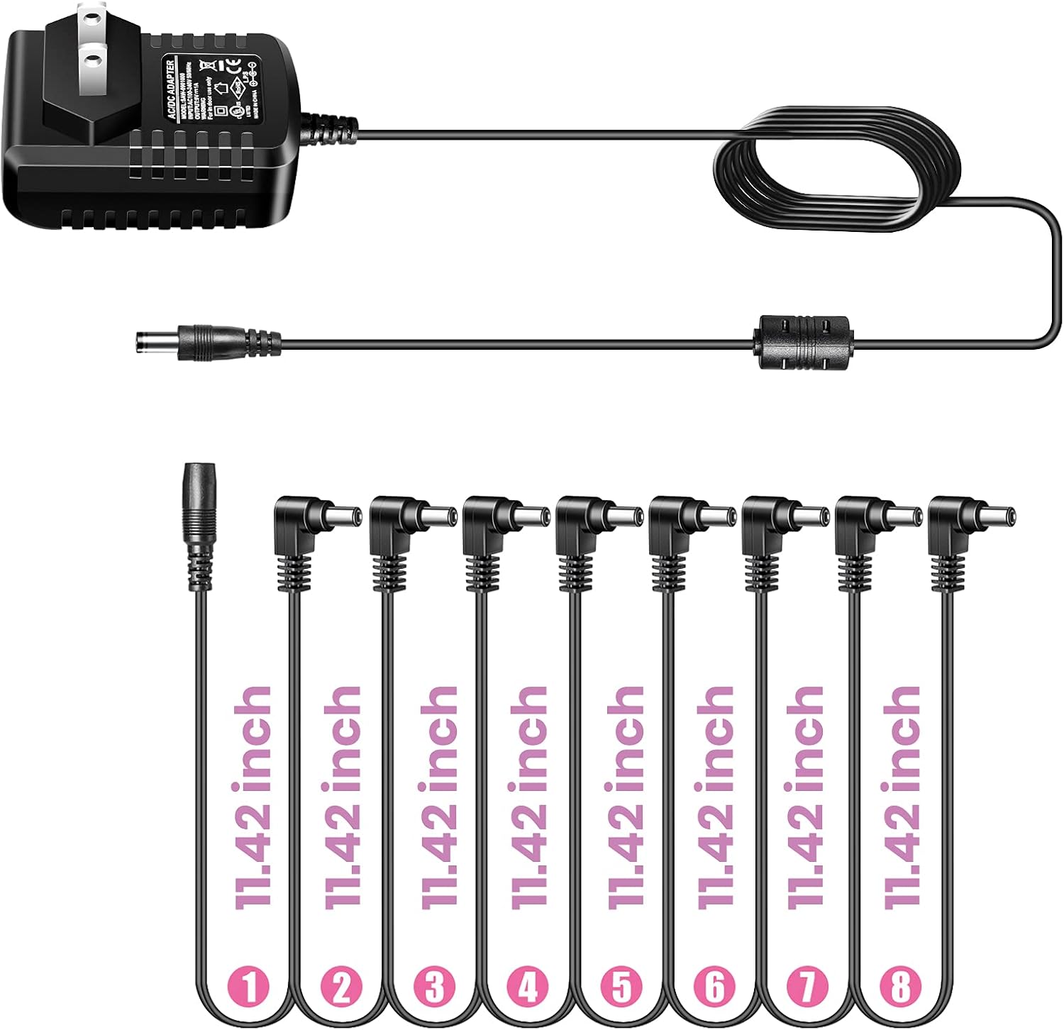 Fuente de alimentación de guitarra, adaptador de cargador de pared de CA 9 V CC 1A 1000 mA Punta Negativa 8 Way Daisy Chain Pedal Cables para la