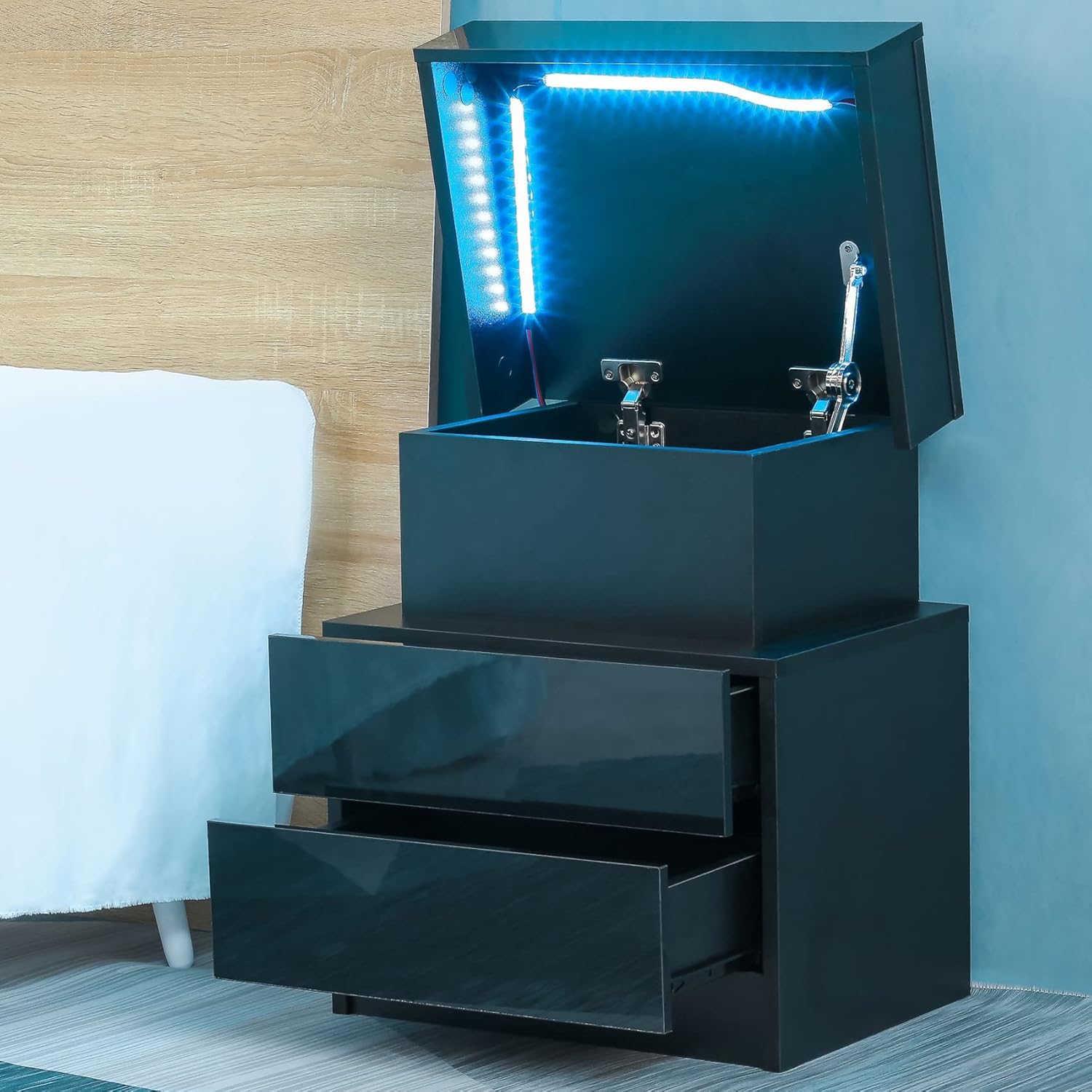 Juego de 2 mesitas de noche LED con tapa abatible y cajones, mesitas de noche negras con luces LED multicolor y 2 cajones de alto brillo, moderna