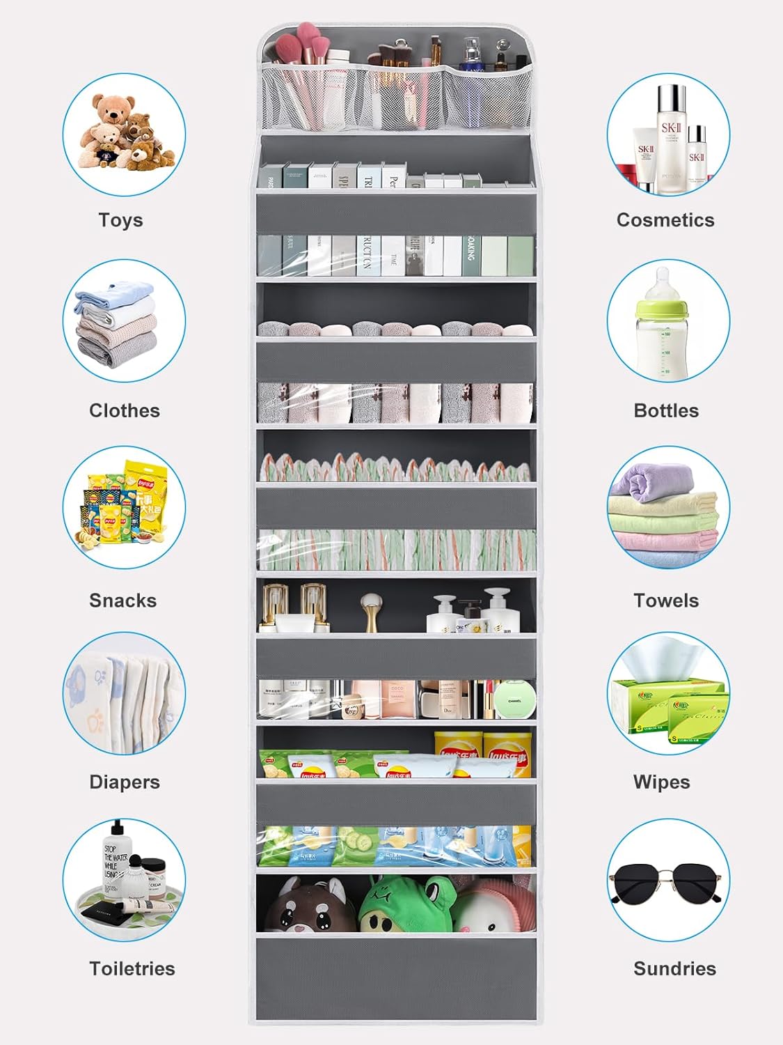 Organizador para colgar sobre la puerta, organizador de armario de bebé sin inclinación para pañales, juguetes de niños, zapatos, organizador de