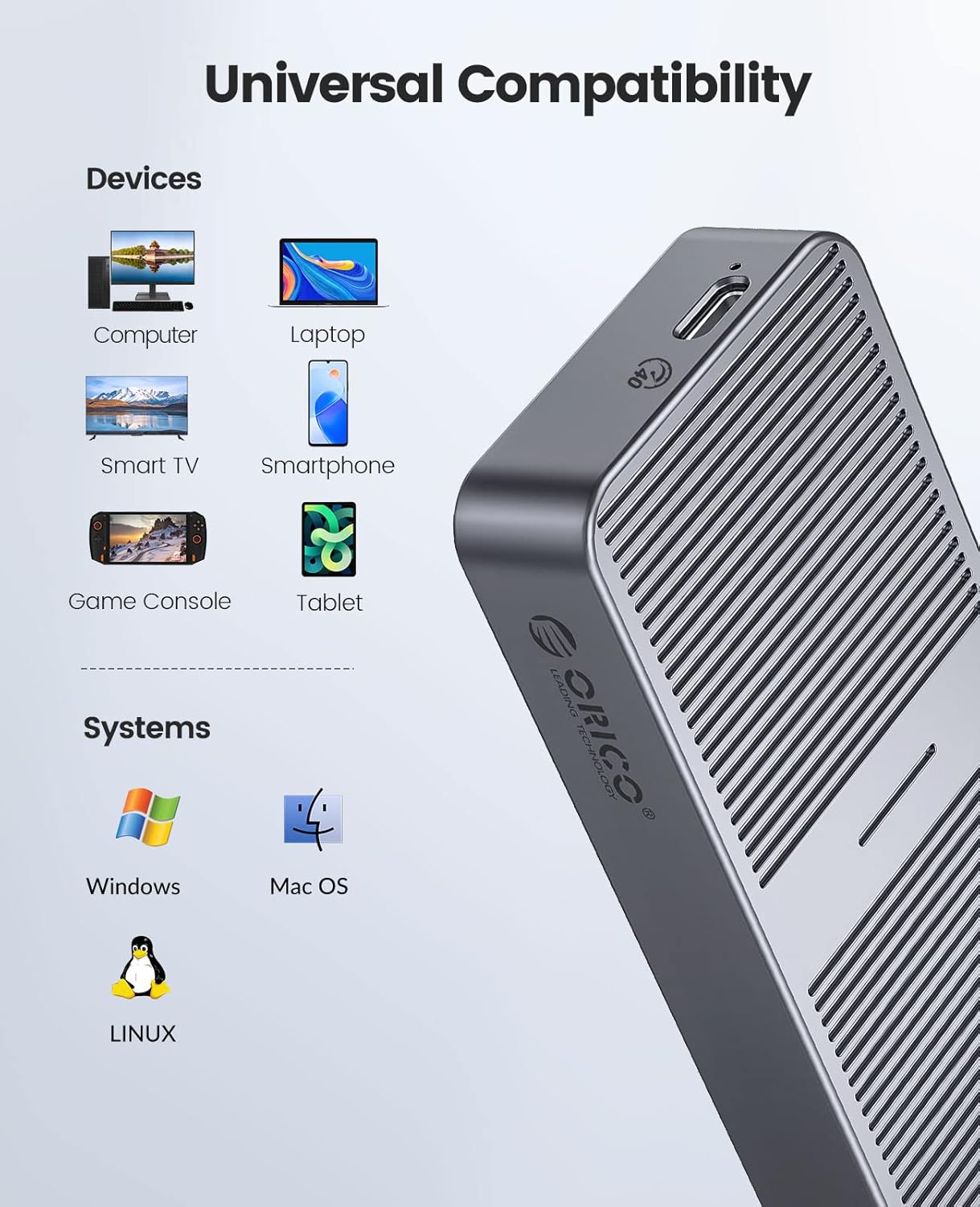 ORICO Carcasa SSD M.2 NVMe mejorada 40Gbps PCIe3.0x4 Adaptador USB C, aluminio NVMe PCIe 2280 M-Key(B+M) Carcasa de unidad de estado sólido externa,