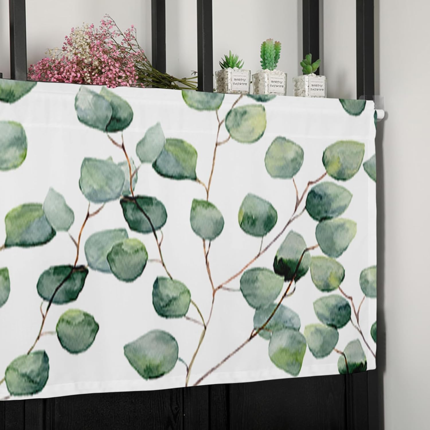 Vandarllin Cortinas de cocina de hojas de eucalipto en acuarela para ventanas, cortinas de verano con bolsillo para cortinero verde y blanco,
