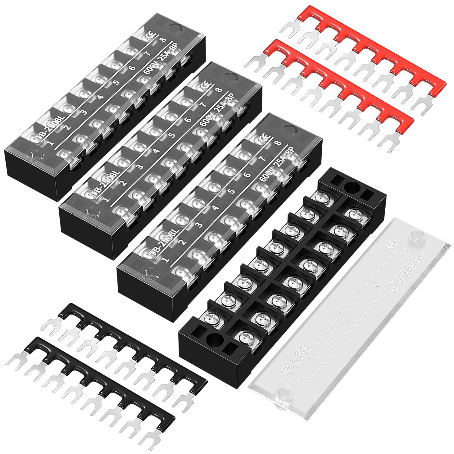 Joinfworld Bloque de terminales de 8 posiciones 25A 600V de doble fila de tornillos de doble fila con tapa y bloque de puente de terminales