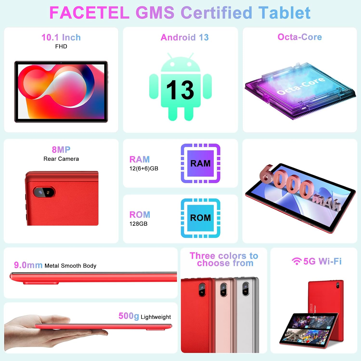 2024 Newest Tablet Android 13 Tablet 10 inch Octa-Core 2.0 GHz with 12GB RAM 128GB ROM, 5G WiFi, 6000mAh, HD IPS Touchscreen, Bluetooth 5.0, 1280 *
