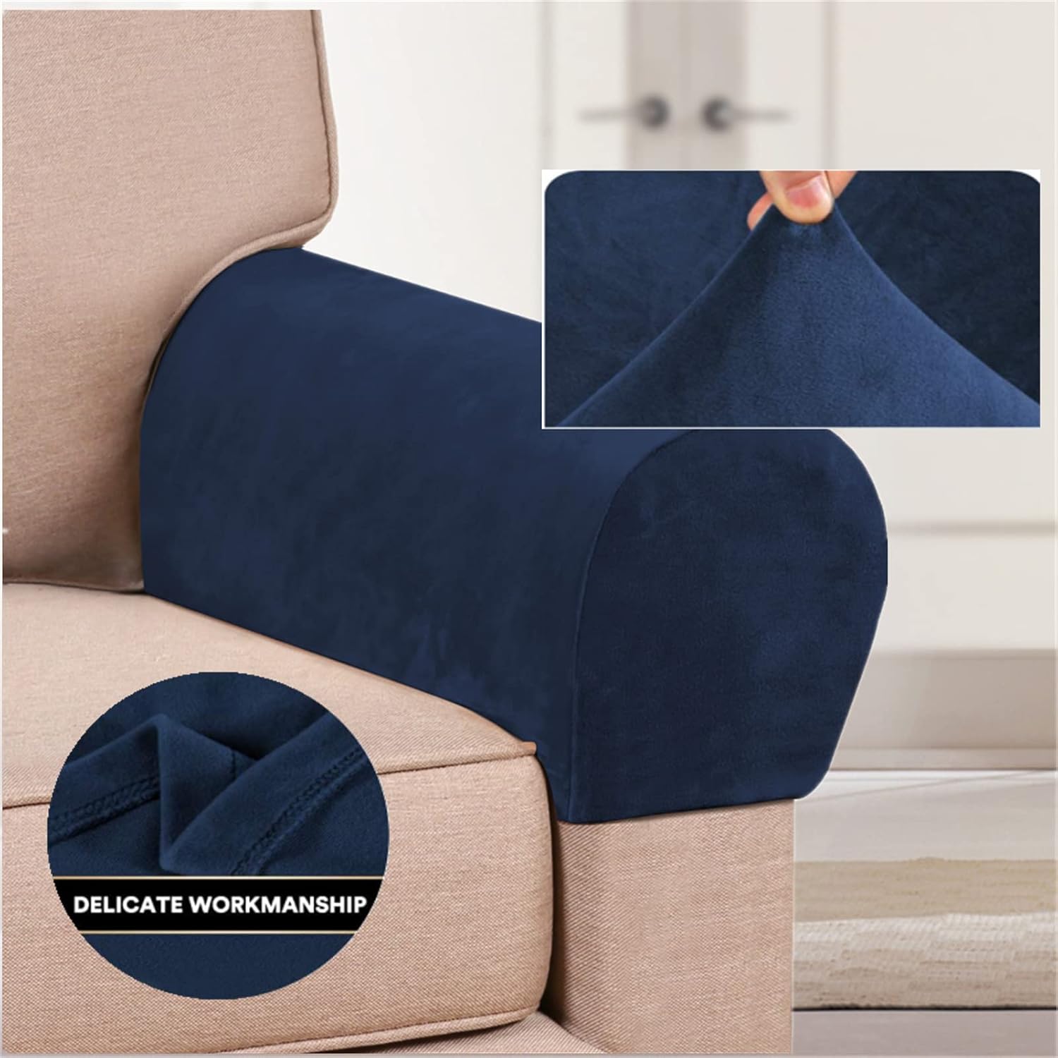 Fundas elásticas para reposabrazos de terciopelo para sillas, sofá, sillón, fundas para sofá reclinable, 2 unidades (azul marino)
