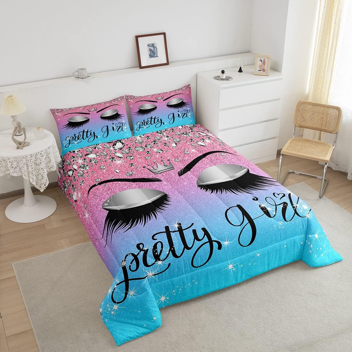 Juego de edredón de pestañas de unicornio para niños y niñas, juego de ropa de cama de lentejuelas de pestañas bonitas azul y rosa, juegos de