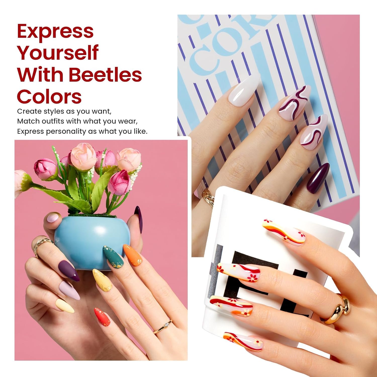 Beetles – Kit de esmalte de uñas de gel con luz UV, 53 piezas, kit de iniciación de gel de 32 colores, rosa, azul, purpurina, juego de esmalte de