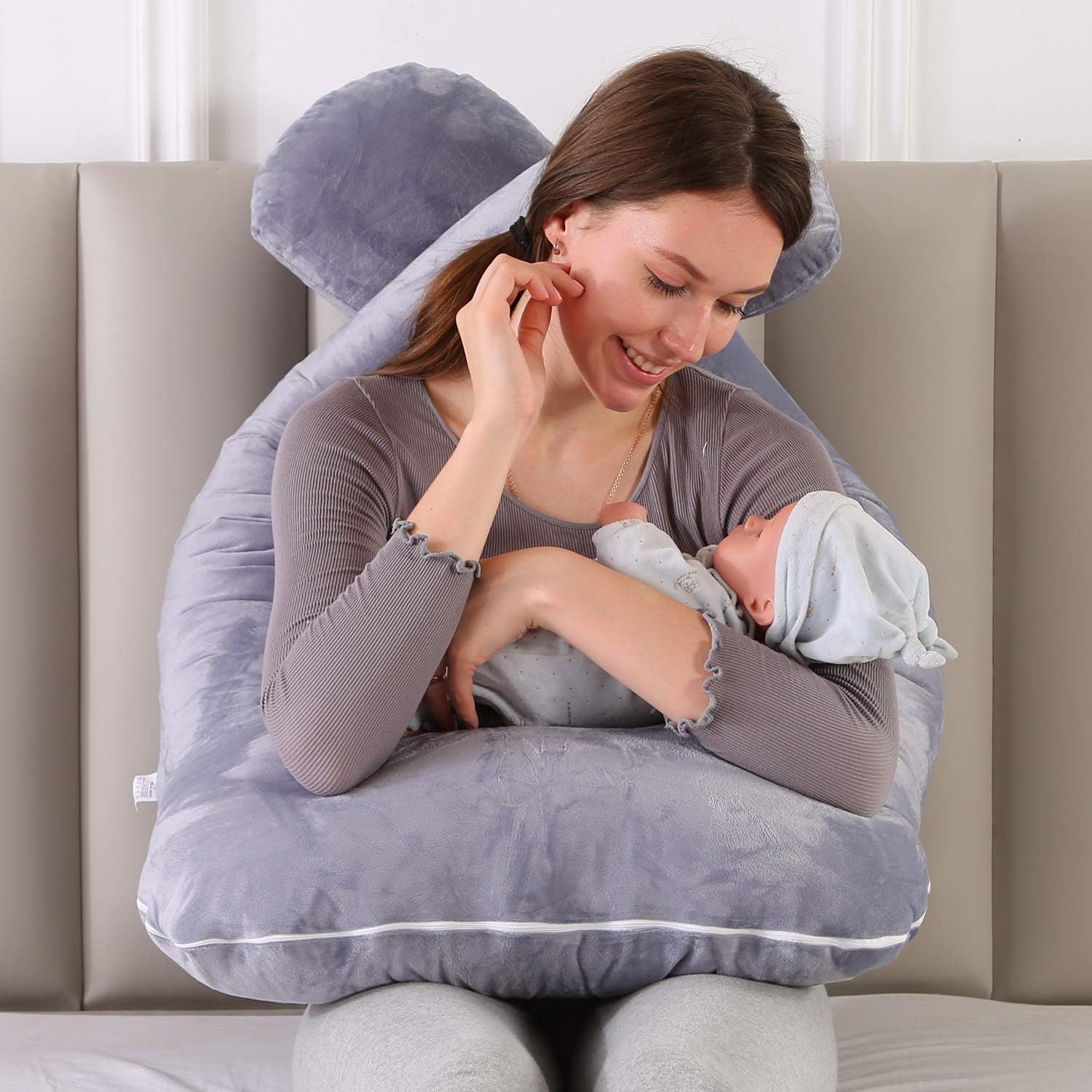 Almohada de embarazo grande en forma de U con forma de U con funda de almohada de algodón reemplazable y lavable para mujeres embarazadas que