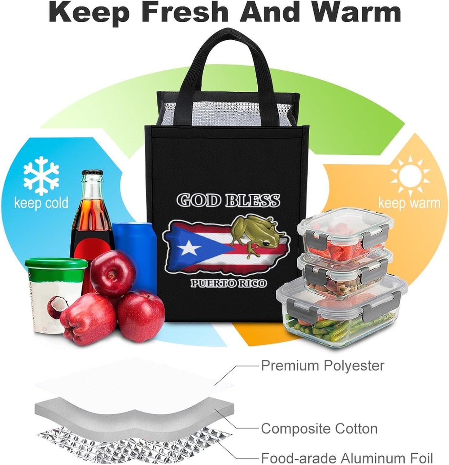 God Bless Puerto Rico – Bolsa de almuerzo aislada plegable, portátil, bolsa de almuerzo para hombres y mujeres