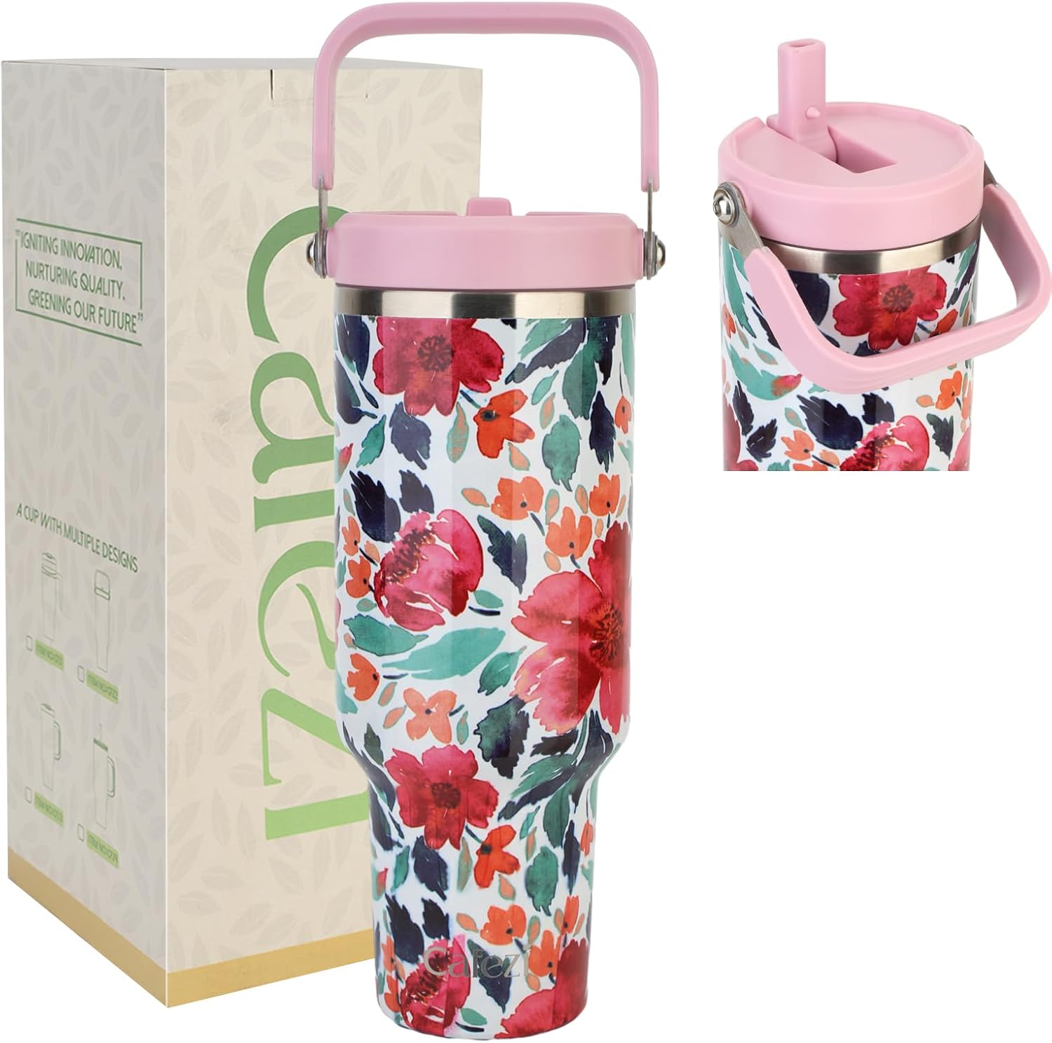 Vaso de 40 onzas con tapa y pajilla, de acero inoxidable aislado al vacío con popote abatible y asa superior, botella de agua aislada reutilizable