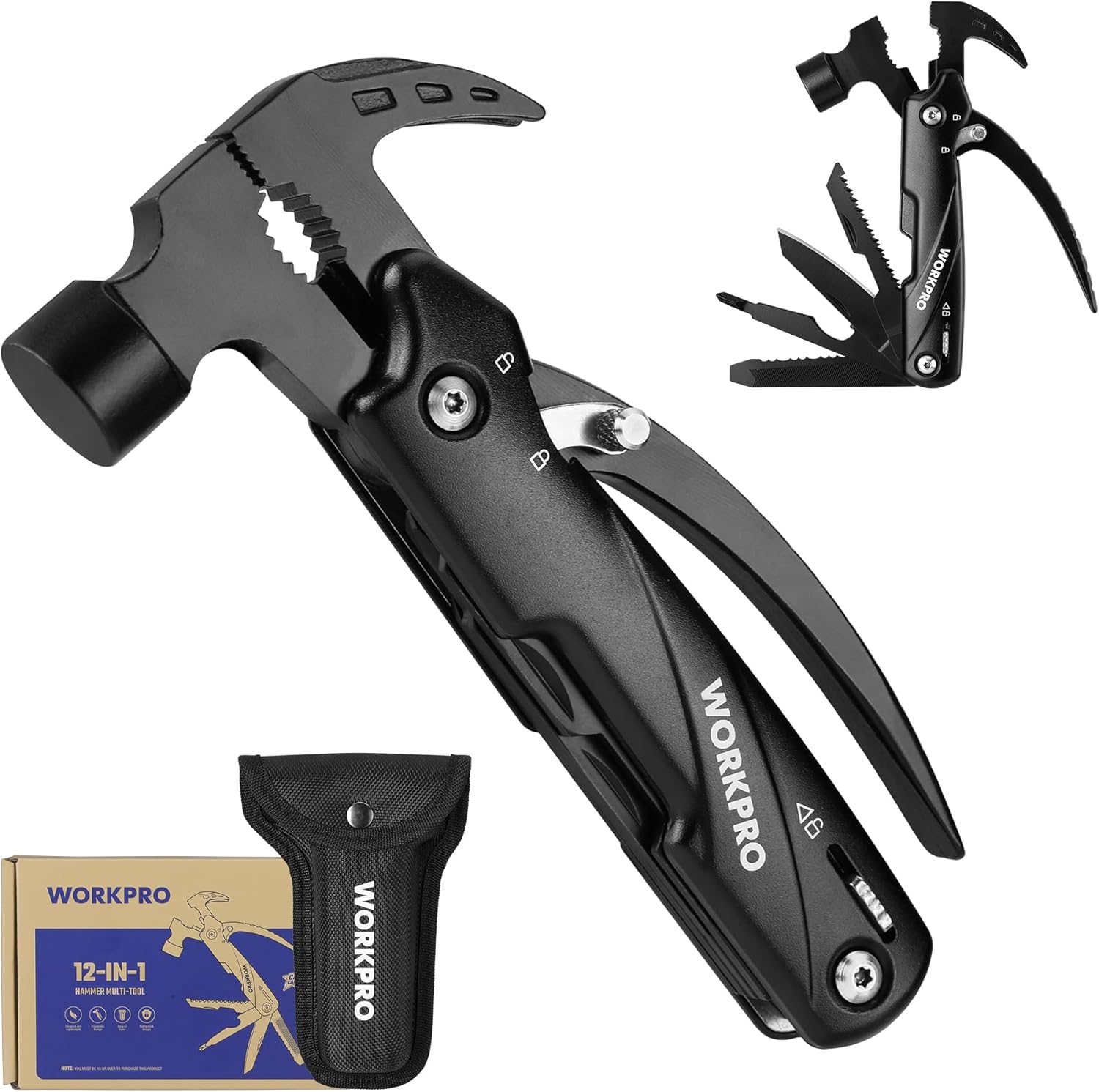 WORKPRO Multitool-Herramientas de camping 12 en 1 con mini martillo-EDC Gear Multi Herramientas Martillo con bloqueo de seguridad y bolsa, Mini