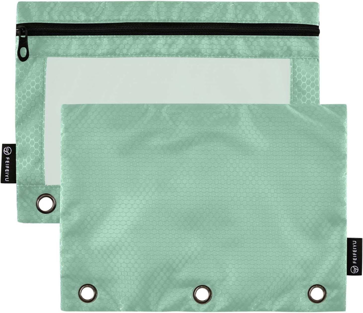 Gredecor Estuche para lápices con 3 anillos, color verde salvia, con cremallera, 2 unidades, organizador transparente para carpetas escolares y