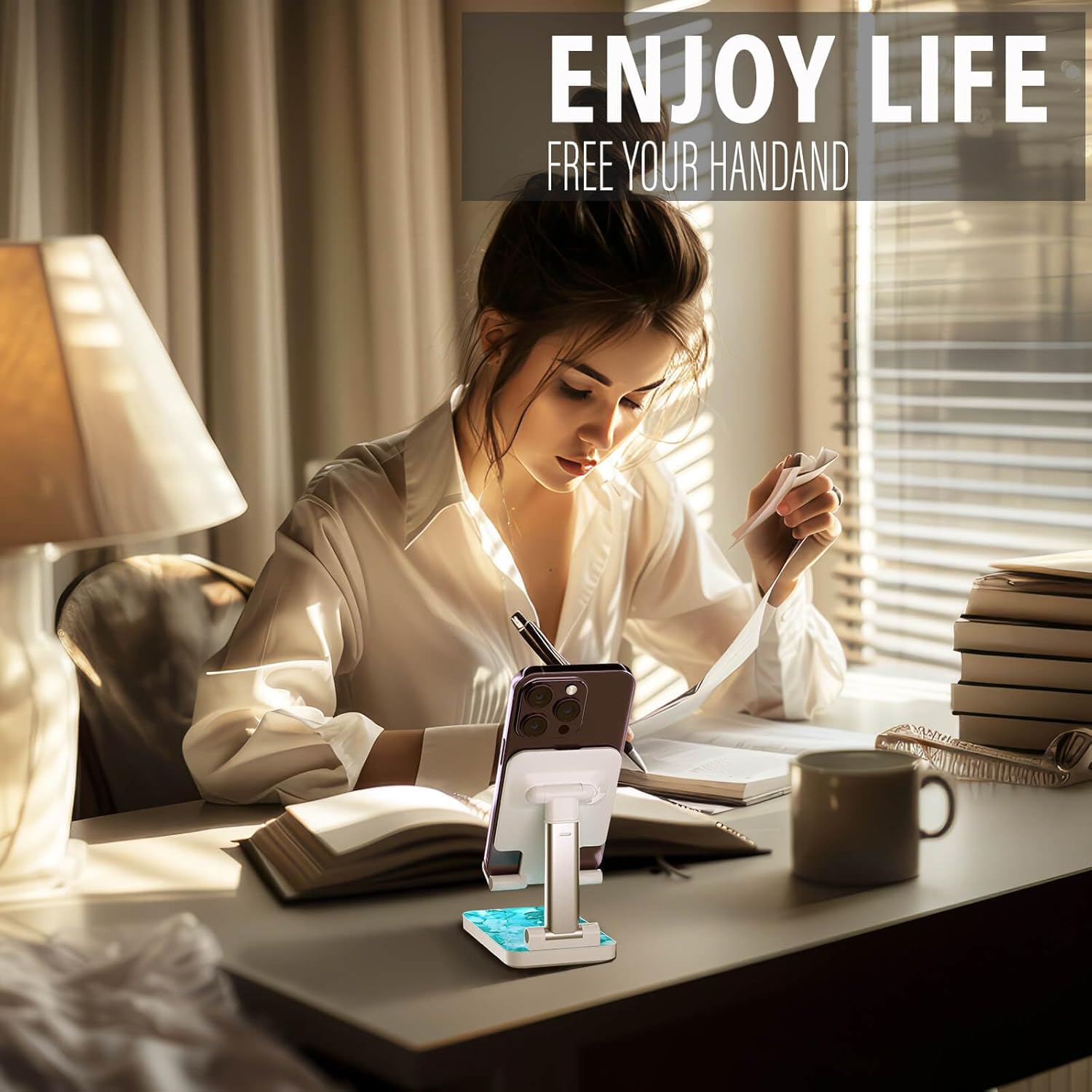 Heainaiyoo Soporte plegable para teléfono celular, soporte de teléfono celular ajustable en altura en ángulo, soporte para teléfono para escritorio,