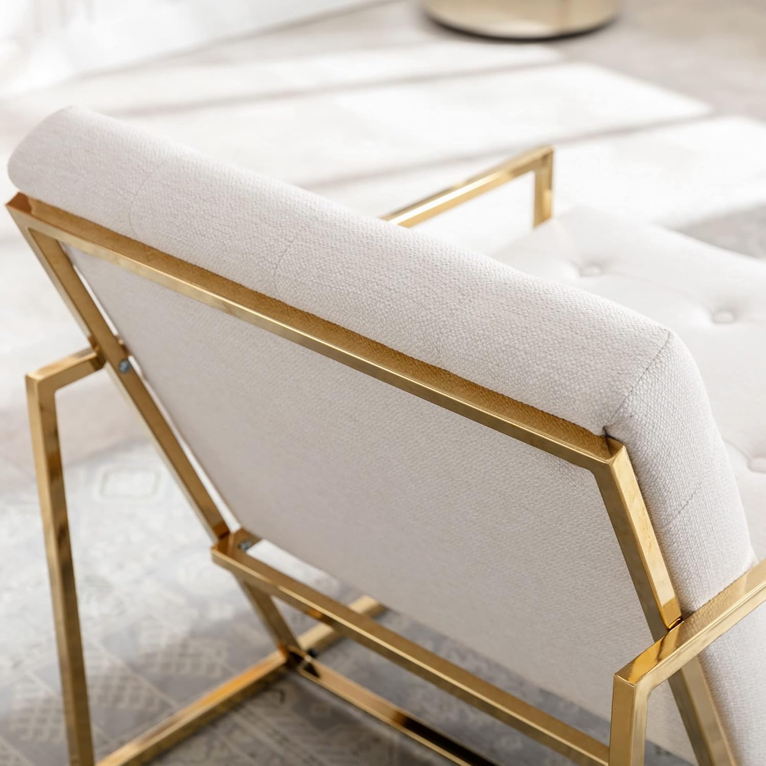 Wahson Sillón moderno, sillón tapizado de lino retro, con marco de metal con acabado dorado, cómodo sillón grande para ocio, sala de