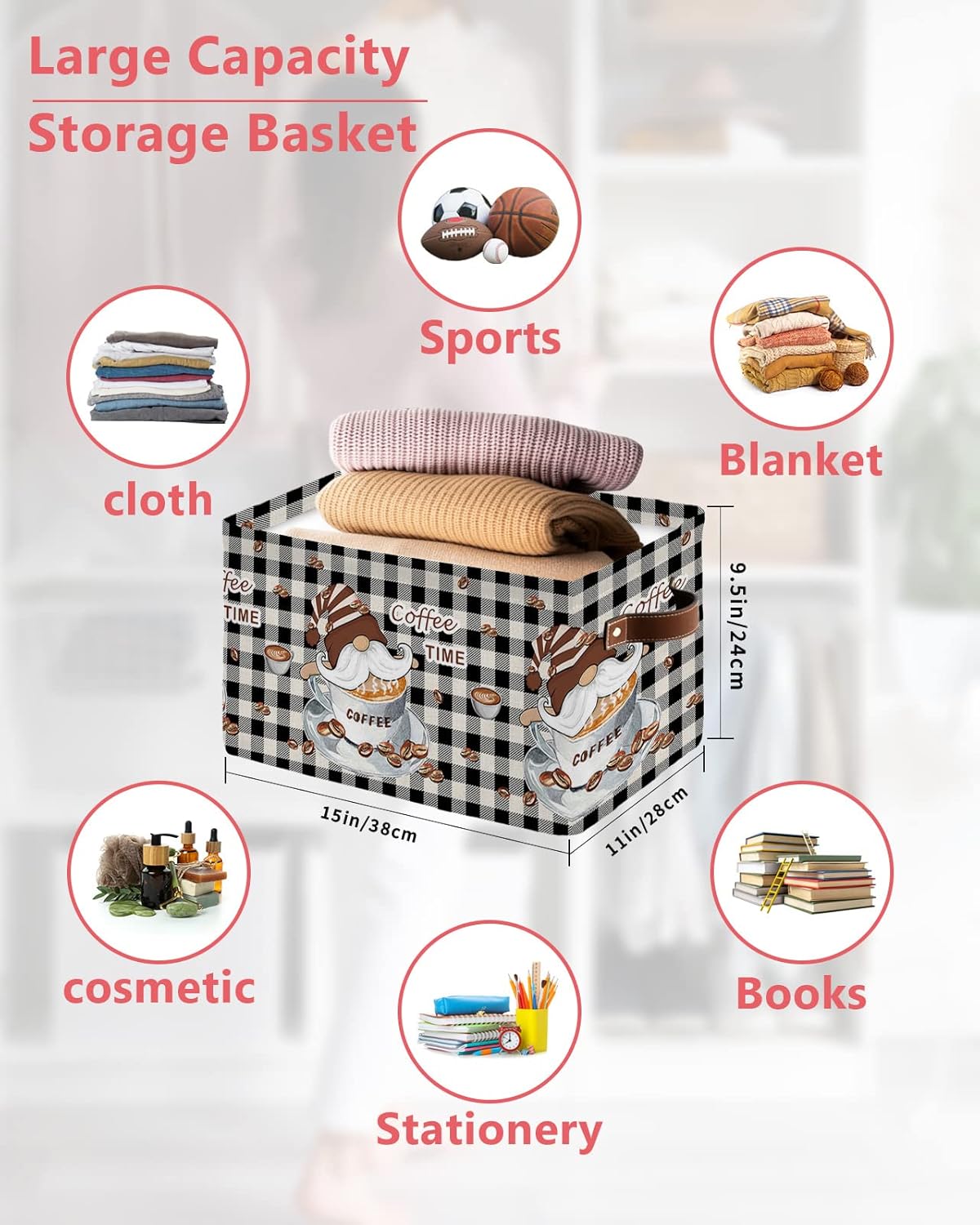 Qumstemily Cesta de almacenamiento para organizar estantes, cajas de almacenamiento plegables con asa, gnomos, granos de café, blanco y negro, cesta