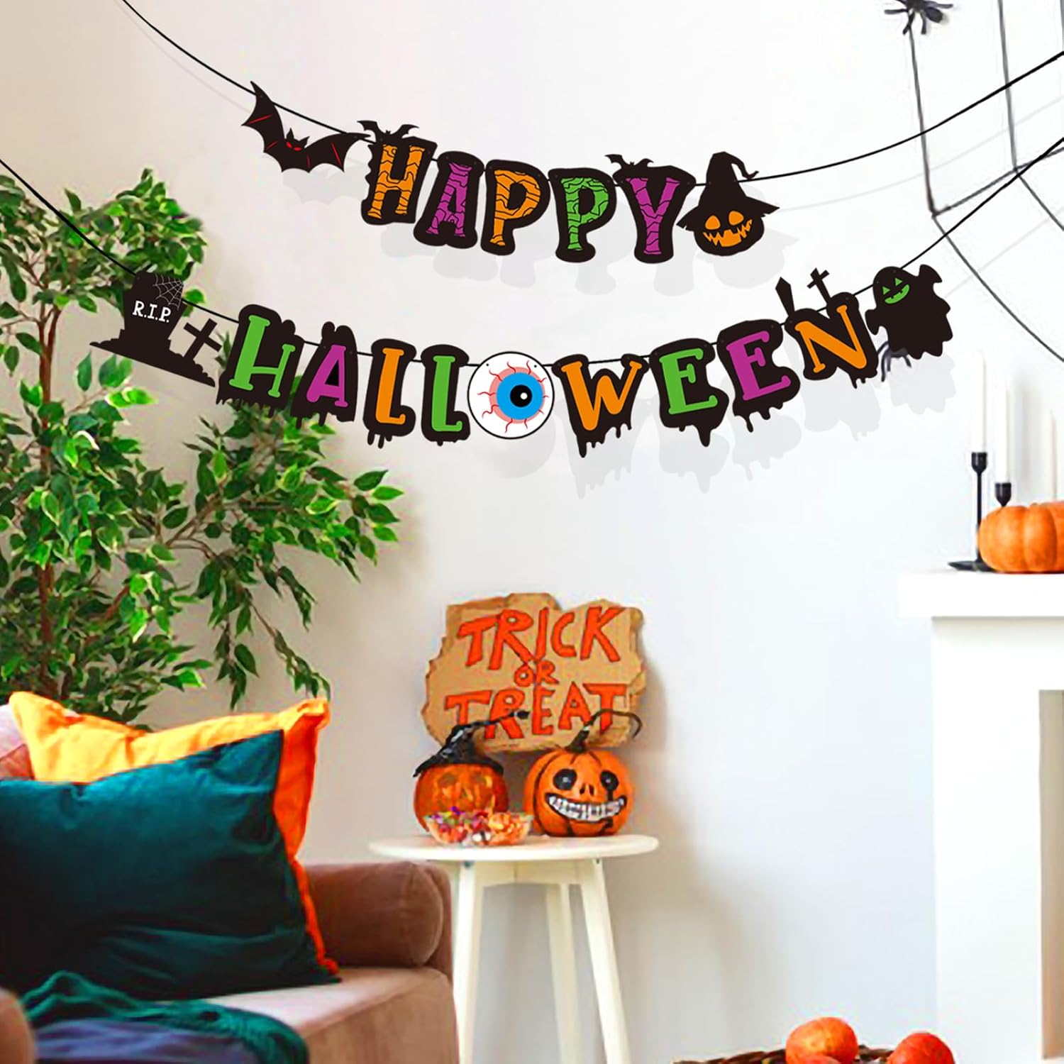 Cartel de Feliz Halloween para fiesta de cumpleaños, decoración de fiesta temática con murciélago y calabaza, casas embrujadas, puerta, hogar,