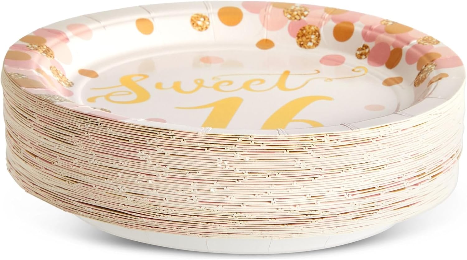 Paquete de 48 platos de papel de fiesta Sweet 16, suministros de oro rosa para cumpleaños número 16 (7 pulgadas)