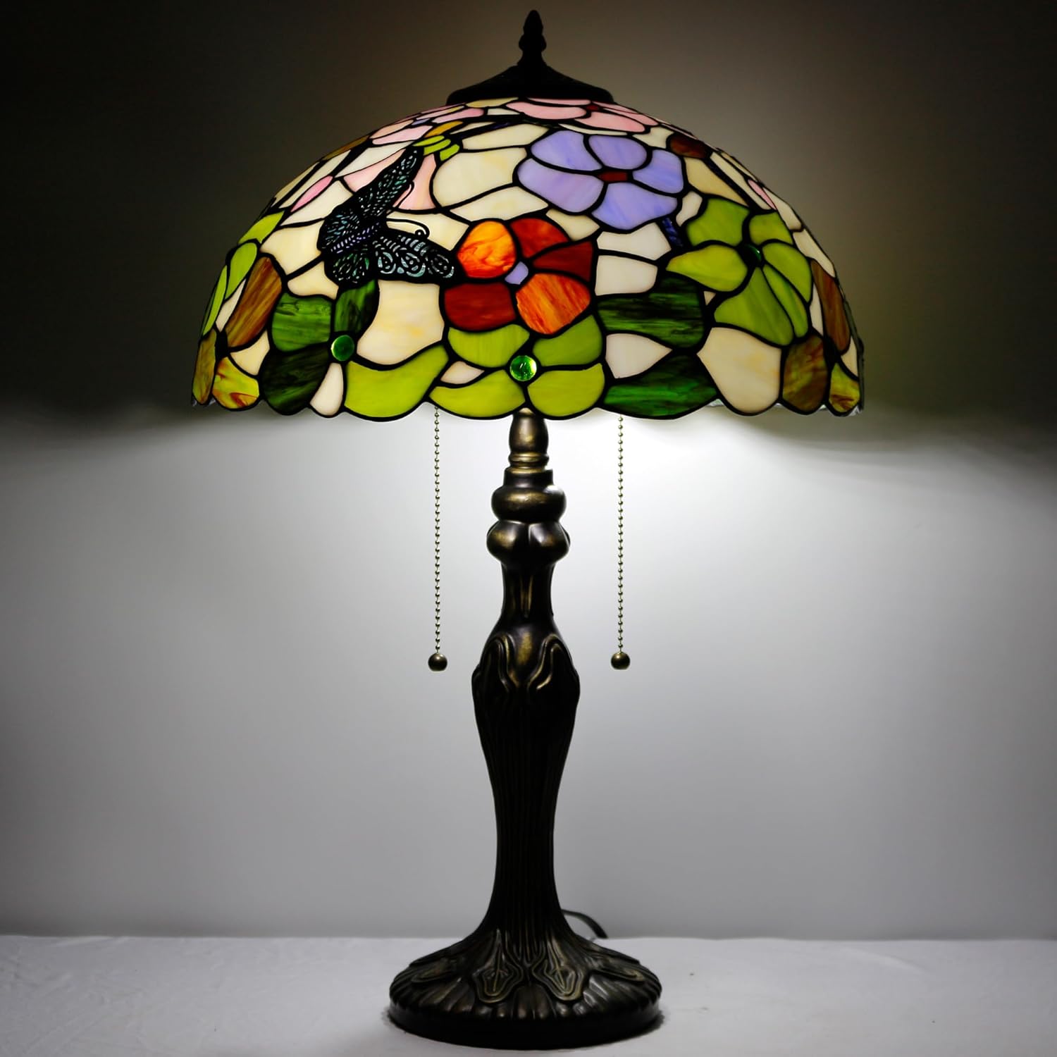 Tiffany – Lámpara de mesa de 2 luces de 24 pulgadas de alto, estilo mariposa, lámpara de lectura, mesita de noche, mesita de noche, luz de
