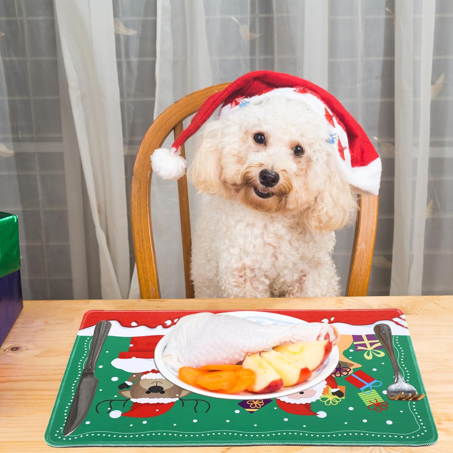 2 tapetes navideños para comida de mascotas, impermeables, antideslizantes, para comida para perros, tapete grande para comedero de perros, muñeco