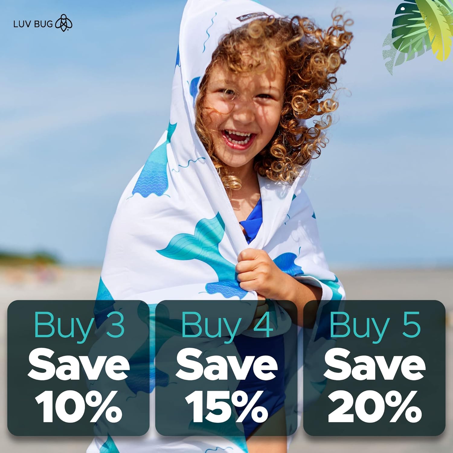 Luv Bug – Toalla de piscina y playa con capucha para niños, protección solar, protección UV, UPF 50+, sin arena, absorbente y de secado rápido, para