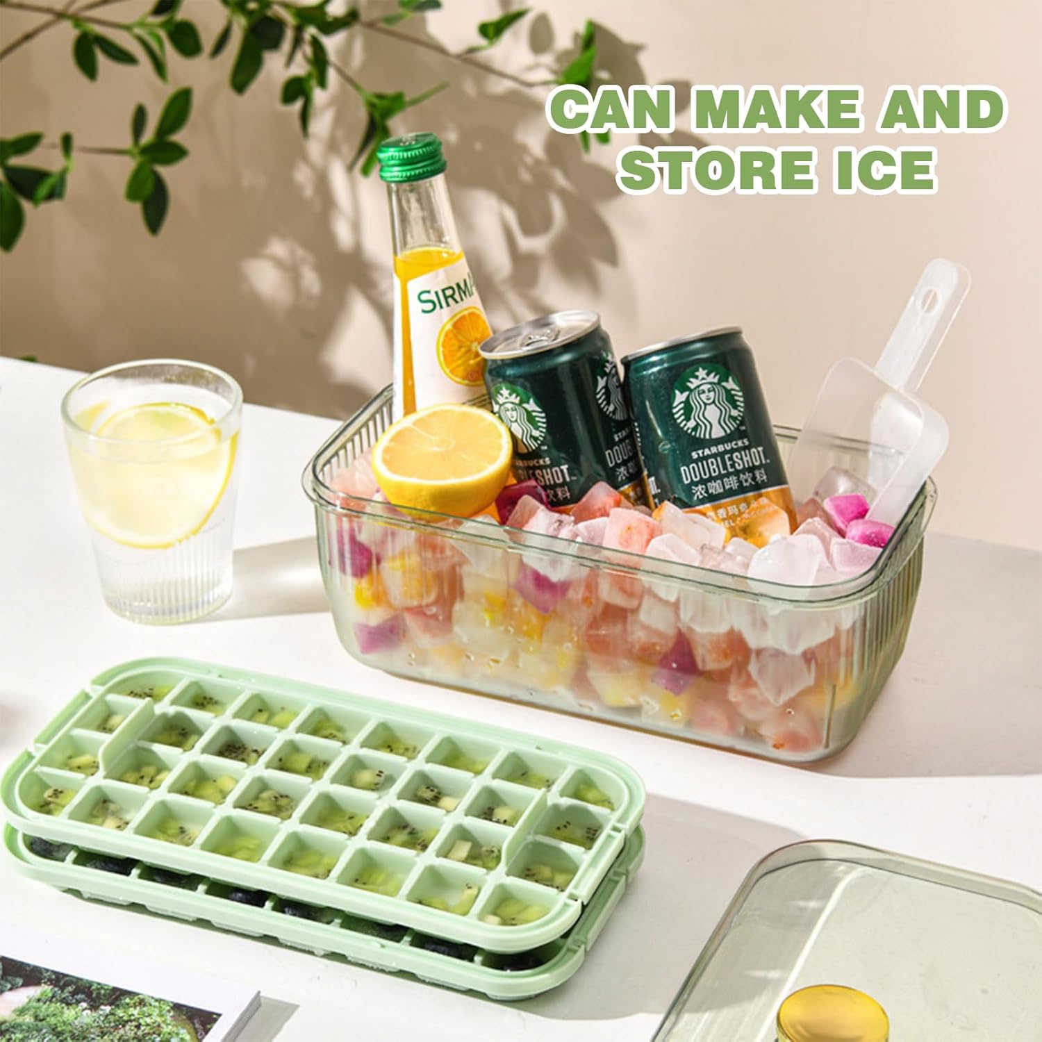 Bandeja para cubitos de hielo con tapa y contenedor, 64 bandejas de hielo para congelador con contenedor, bandeja para cubitos de hielo Doonly fácil